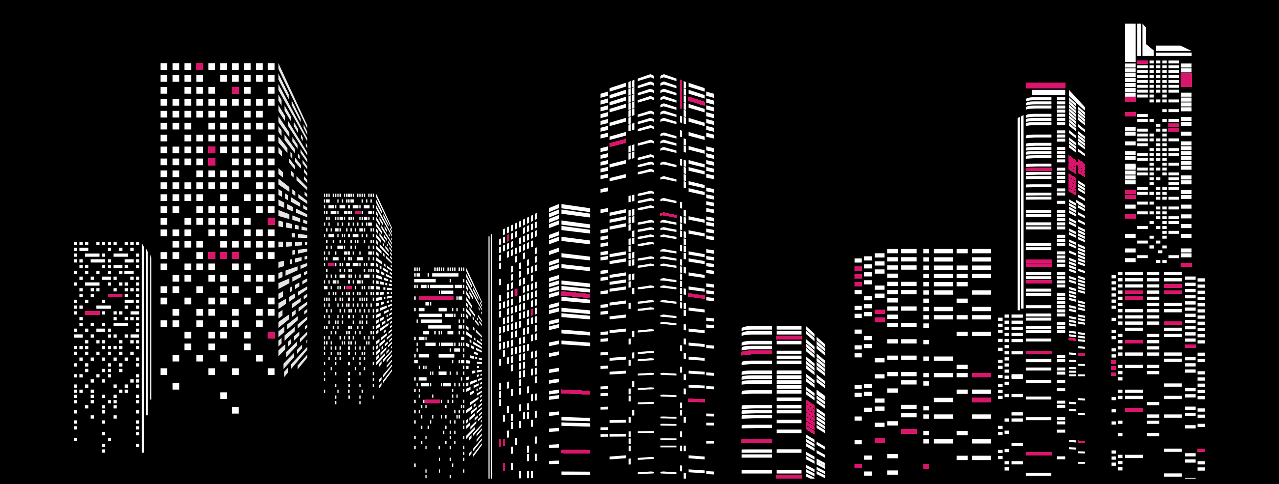 Die Büro-70-Skyline — Hochhäuser mit magenta Fenstern, das Markenmotiv